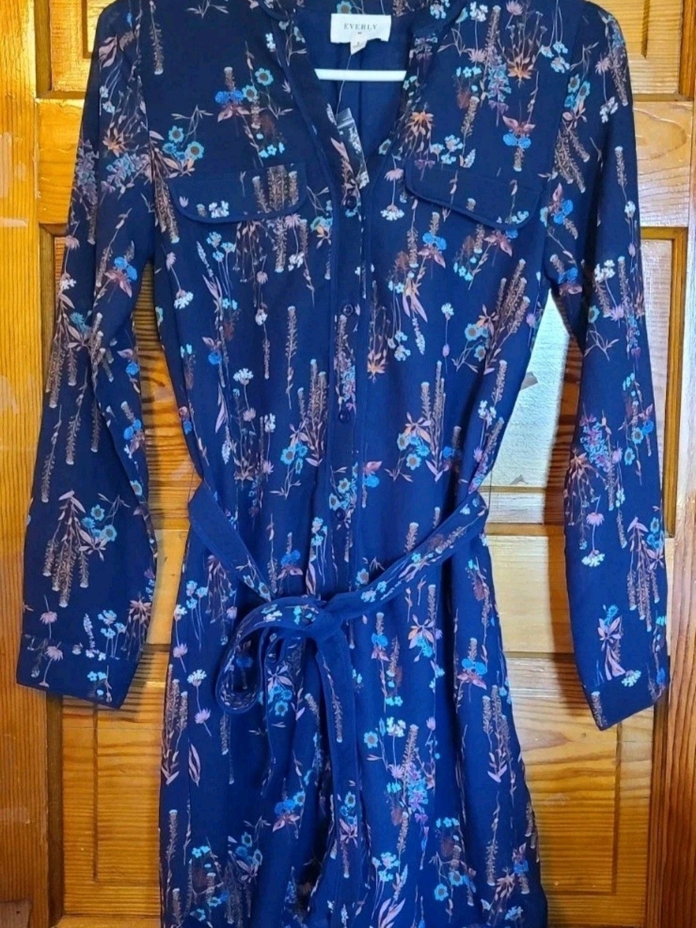 Everly Navy Floral Long-Sleeve Shirt Dress